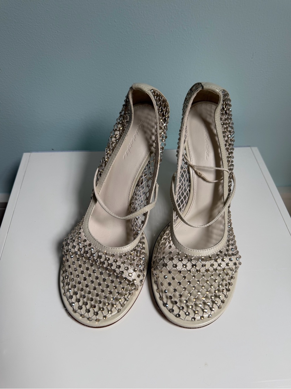 Crystal-Embellished Ivory Strappy Heels